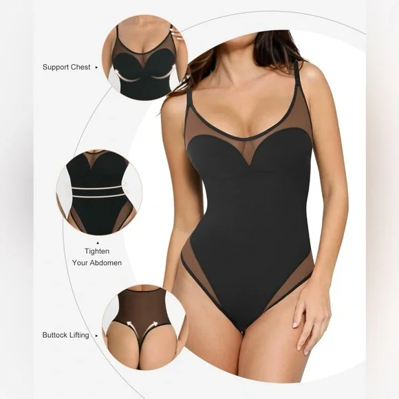 NWT Popilush Shapewear Bodysuit Tummy Control Mesh Bodysuits with Built in Bra - Picture 2 of 8